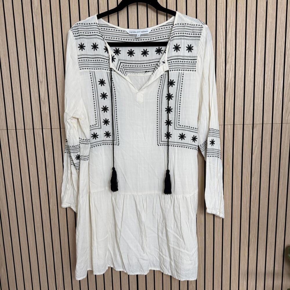 Ivory Long-Sleeve Embroidered Boho Dress with Black Tassels